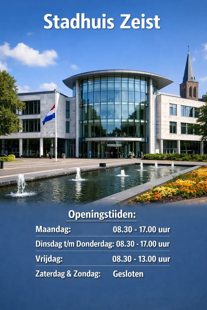 Realistische afbeelding van het stadhuis in Zeist, overdag, zonder tekst in beeld.