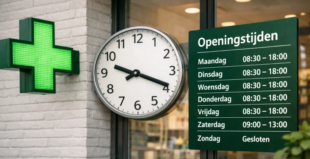 Moderne apotheek met duidelijke openingstijden.