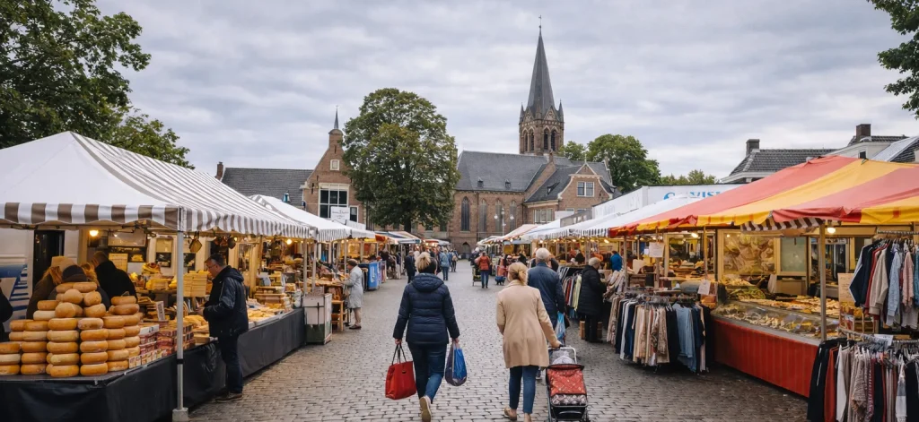 Sfeerbeeld van de weekmarkt in Zeist met marktkramen en bezoekers.