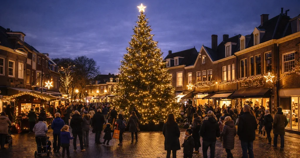 Sfeervol kerstbeeld in Zeist met feestverlichting.
