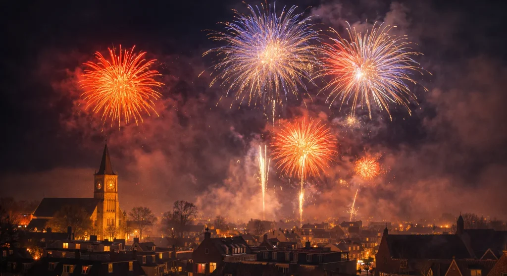 Feestelijk beeld van oud en nieuw met vuurwerk.