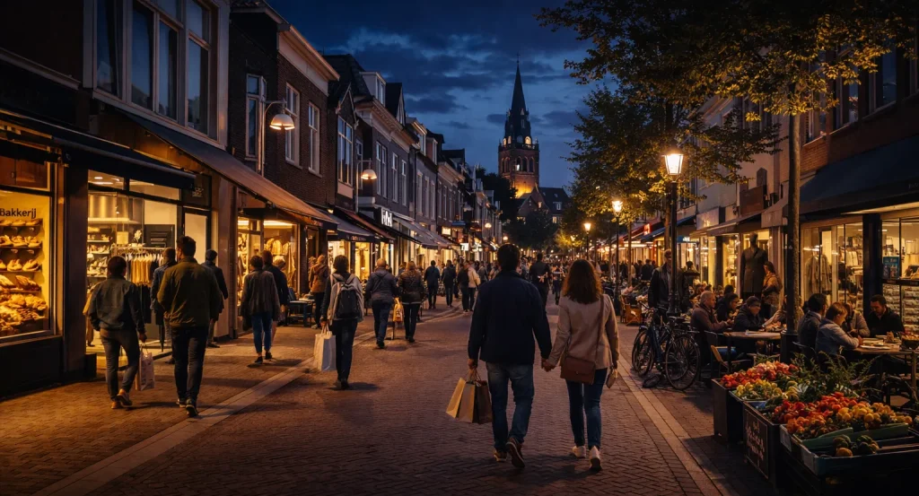 Gezellige avondwinkel in een levendige straat.