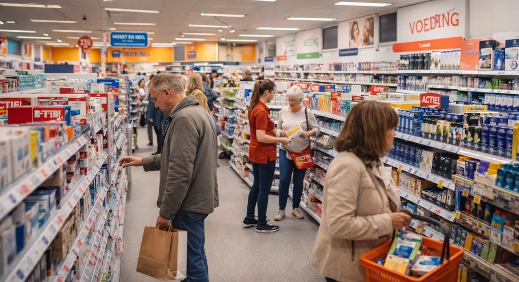 Klanten winkelen in een moderne drogisterij.