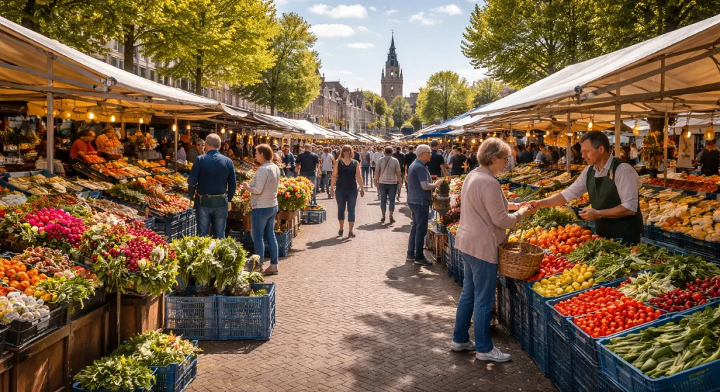 Gezellige markt met verse producten en bezoekers.