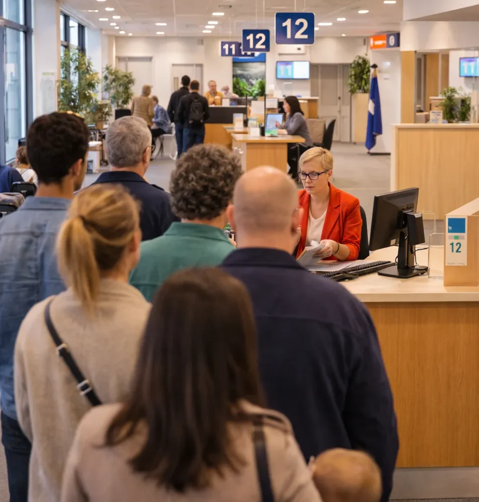 Bezoekers bij het gemeenteloket in een modern gemeentehuis.