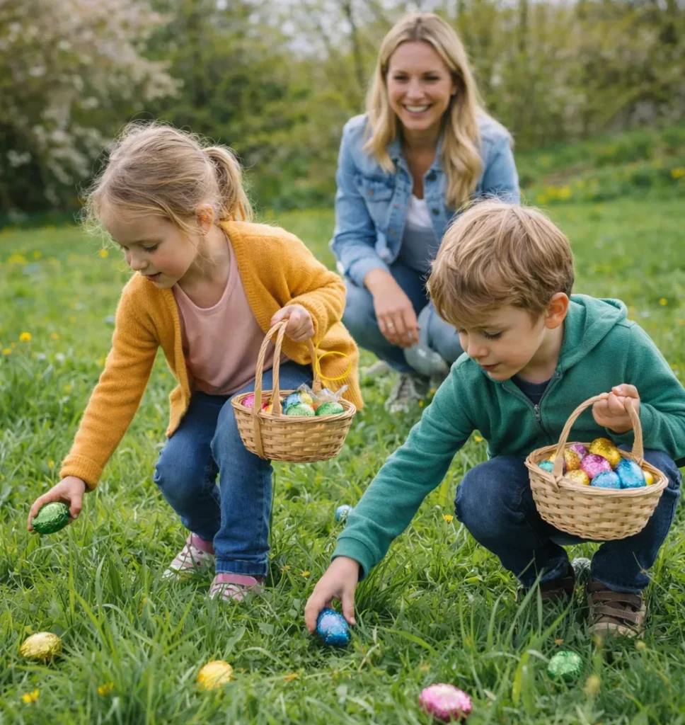 Vrolijke paassfeer met kinderen die eieren zoeken.