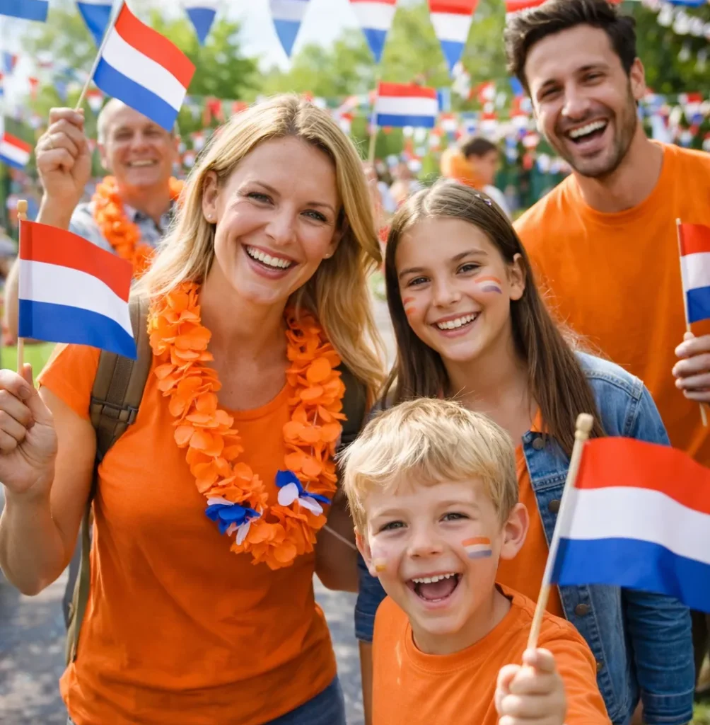 Feestelijke sfeer op Bevrijdingsdag met Nederlandse vlaggen.