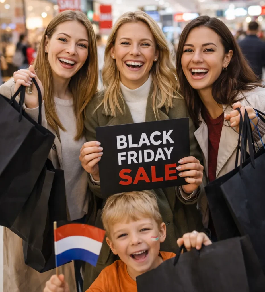 Drukke winkels en koopjes tijdens Black Friday.